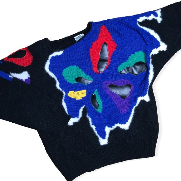 Vintage Sweaters - Vintage 80s Wool Blend  Faux Leather Sweater Small